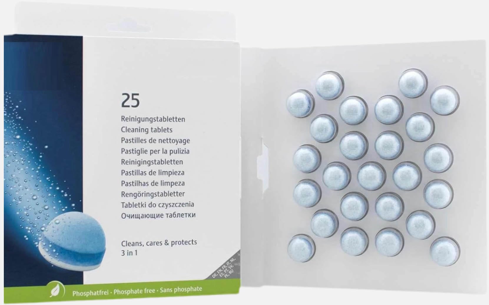 Three-Phase Cleaning Tablets inside a coffee machine, residue removal.