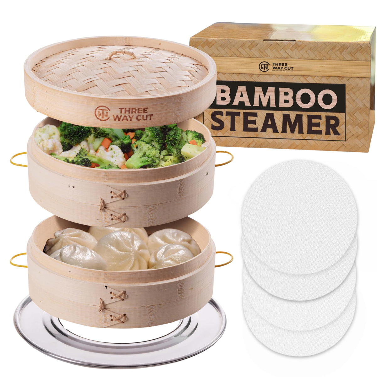 Three Way Cut vaporizador de bambú 10 pulgadas con dos niveles para cocinar al vapor
