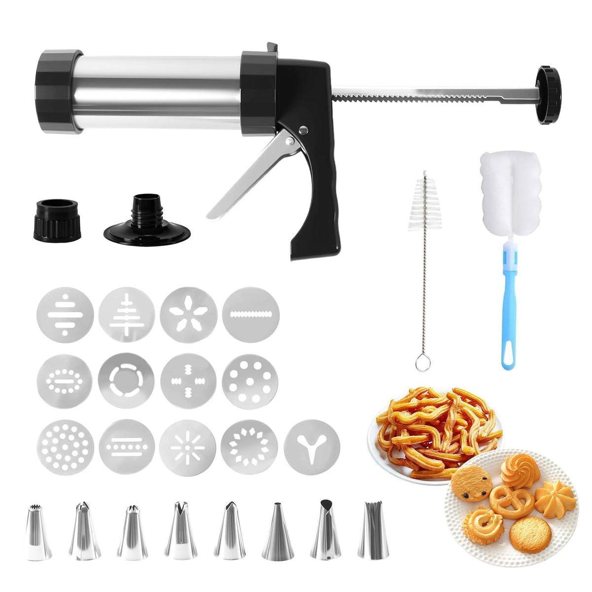 Prensa Tiaforza con discos de acero inoxidable para galletas variadas y consistentes.