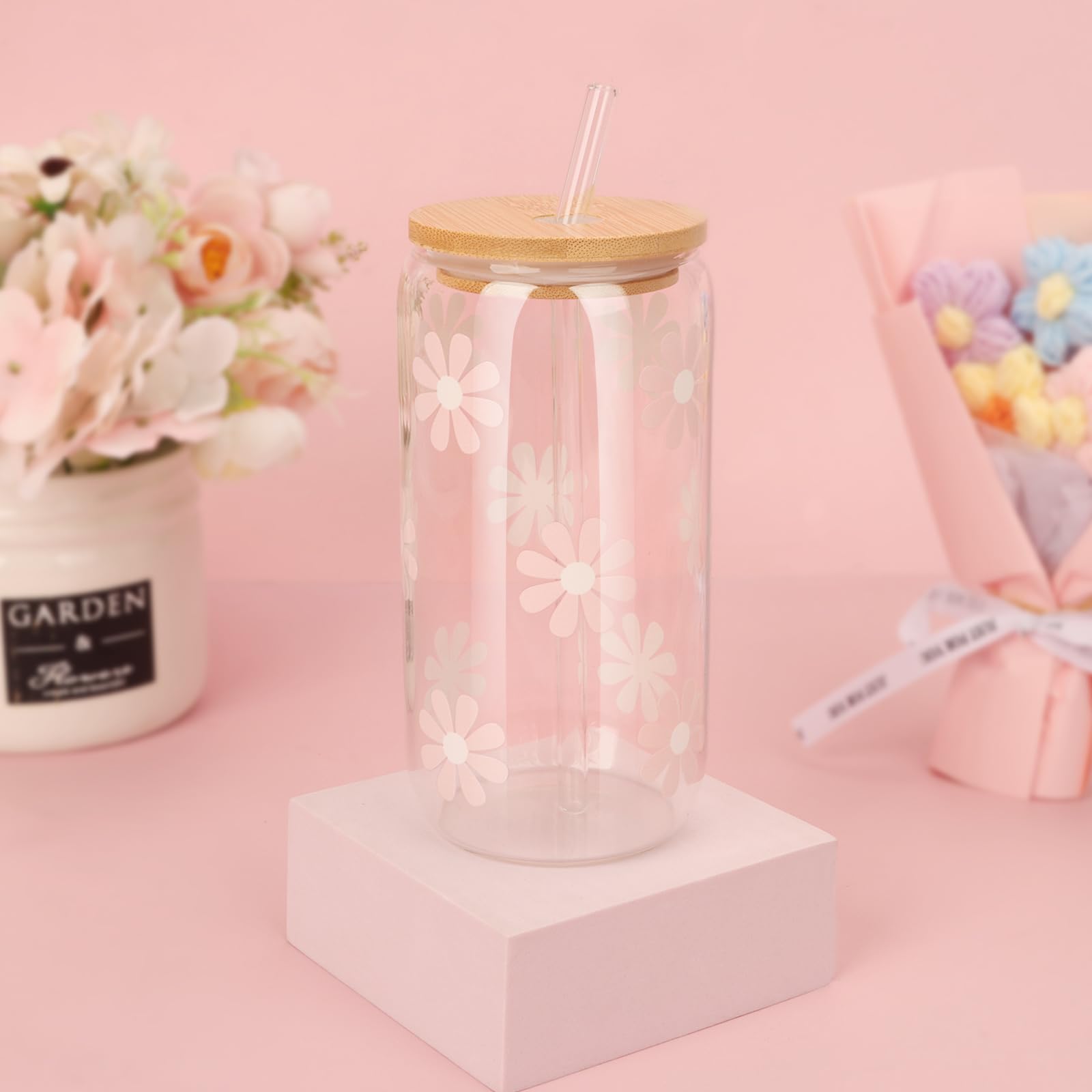 Vaso de margaritas Tian Dian de 16 onzas para café frío o té floral.