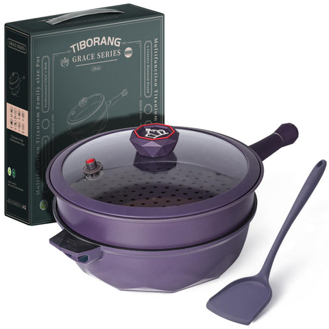 Sartén TIBORANG 8 en 1 de 11 pulgadas para saltear sin aceite y limpieza fácil.