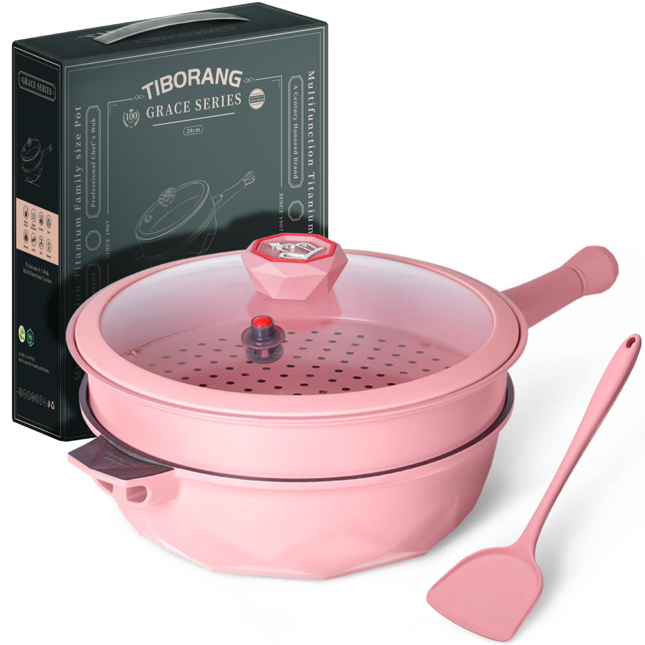 Sartén TIBORANG 8 en 1 de 11 pulgadas, rosa, ideal para saltear y freír.