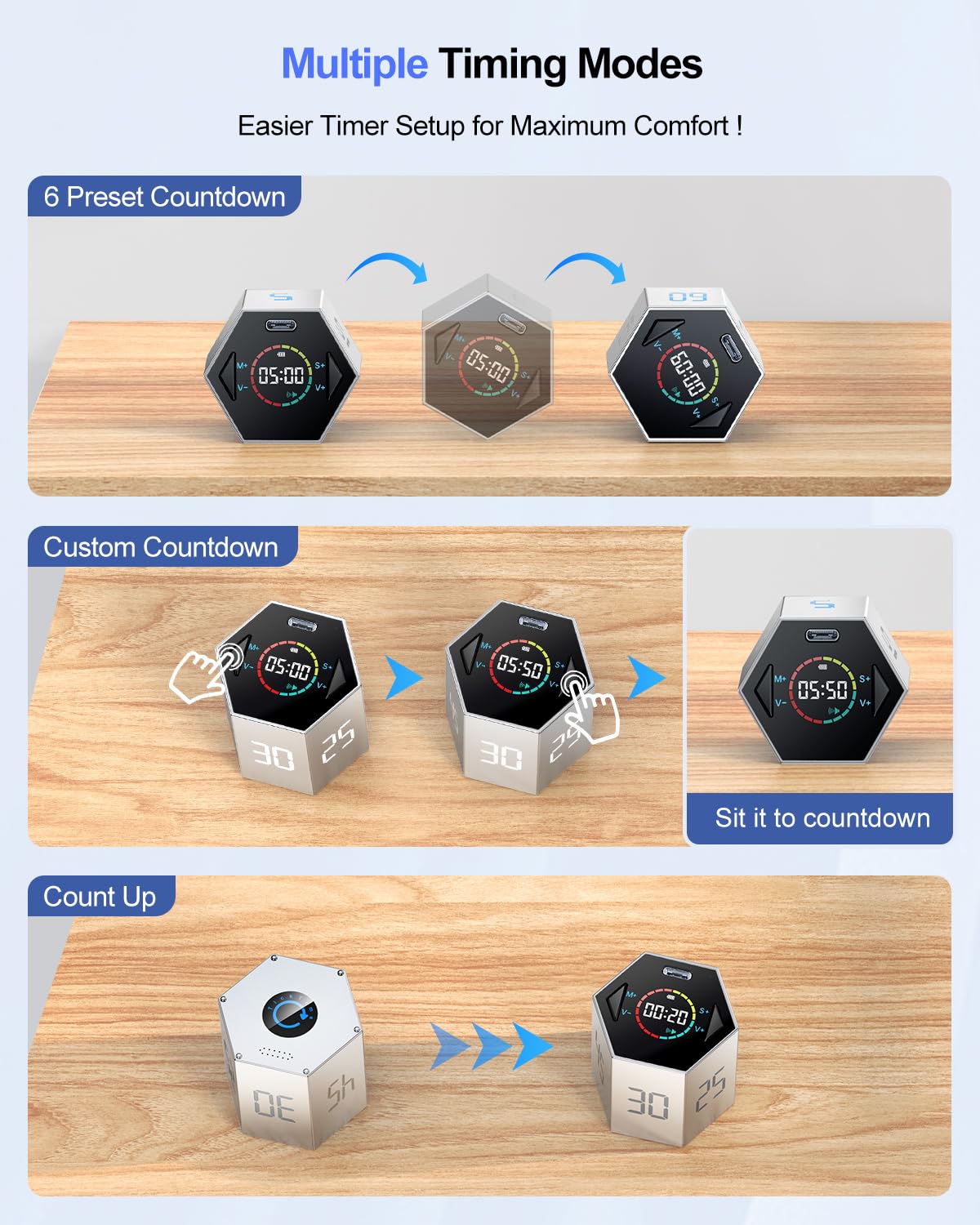 Ticktime cubo Pomodoro con seis ajustes para sesiones rápidas