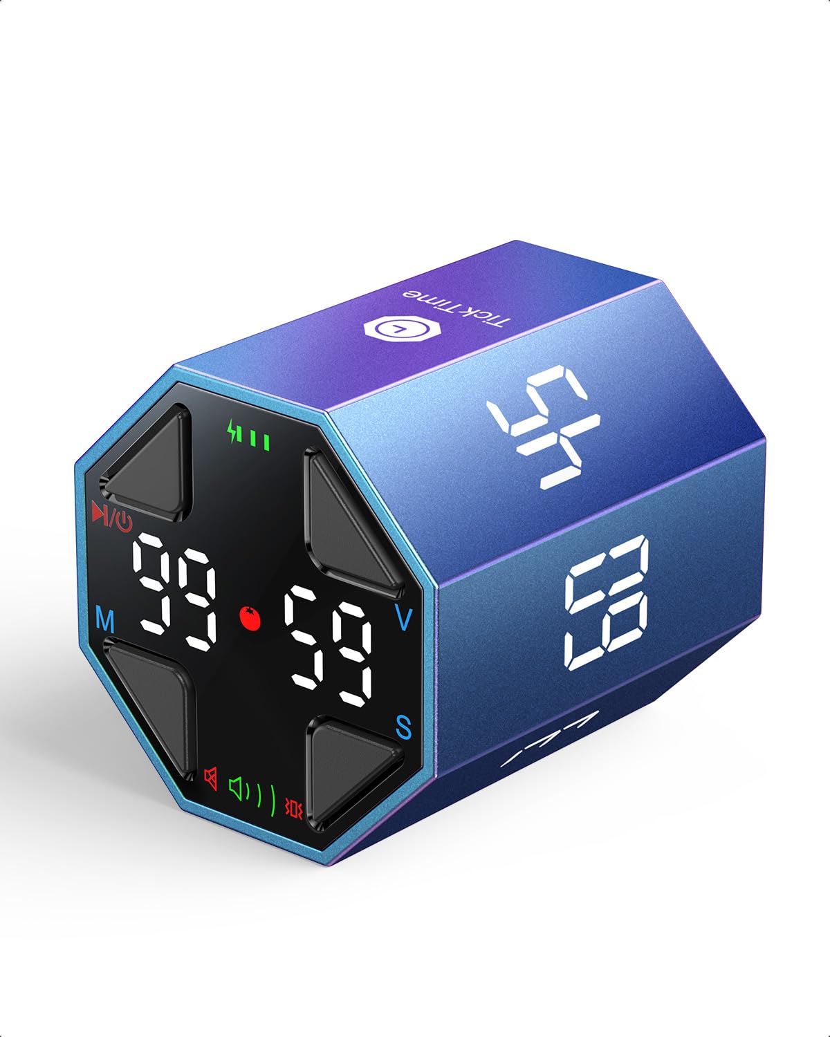 Ticktime Cubo Pomodoro frente: gestión rápida del tiempo en la mesa.