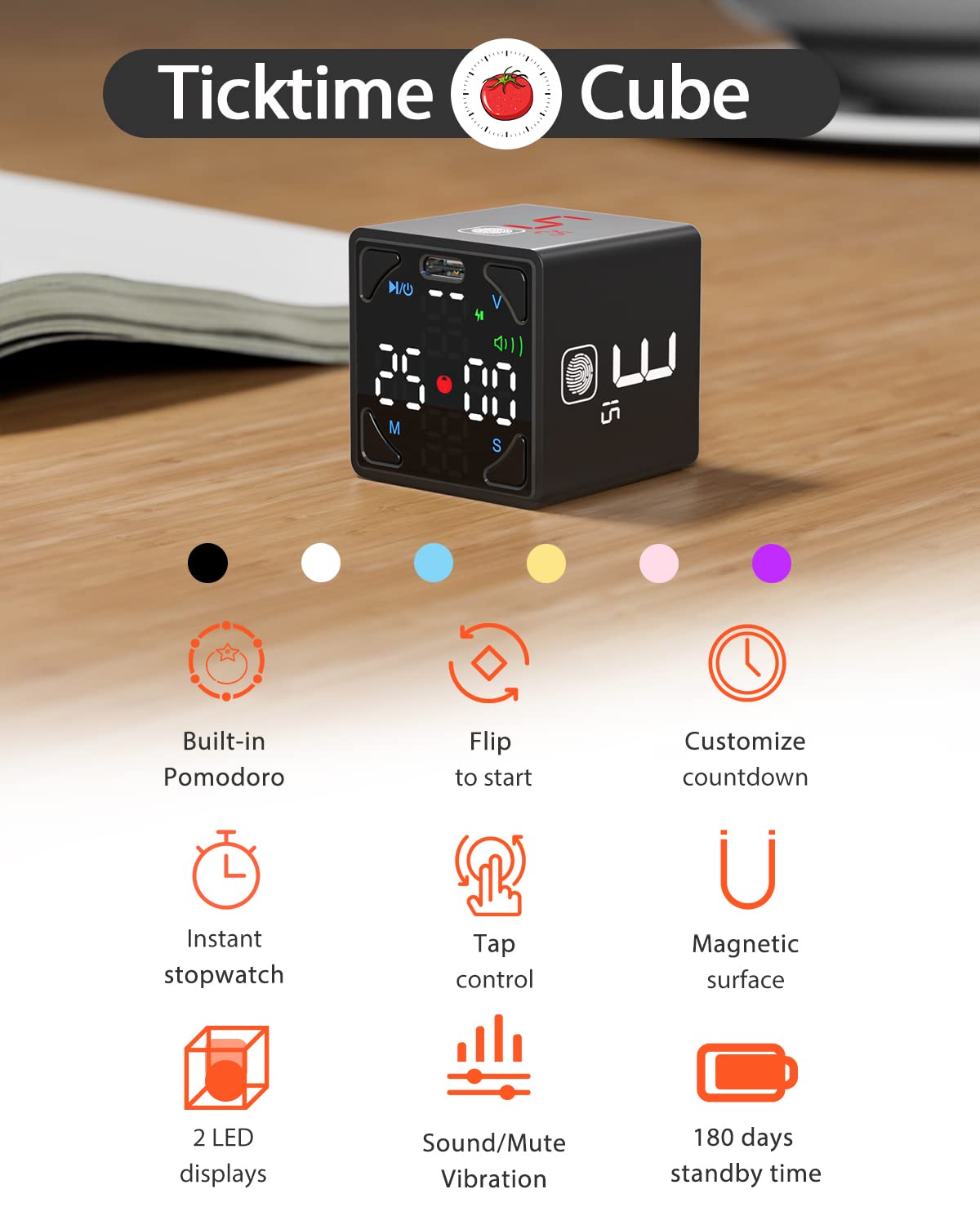 Ticktime Cube en mesa de trabajo, ideal para estudio y productividad diaria