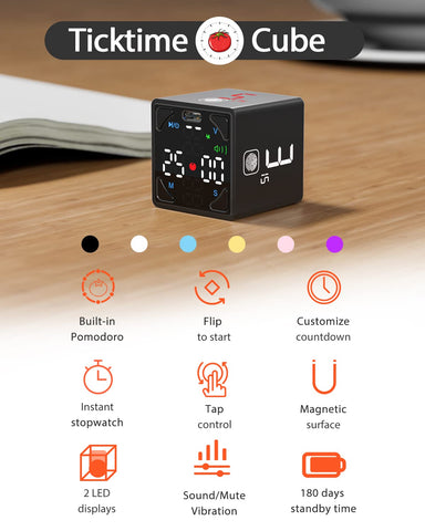 Ticktime Cube en mesa de trabajo, ideal para estudio y productividad diaria