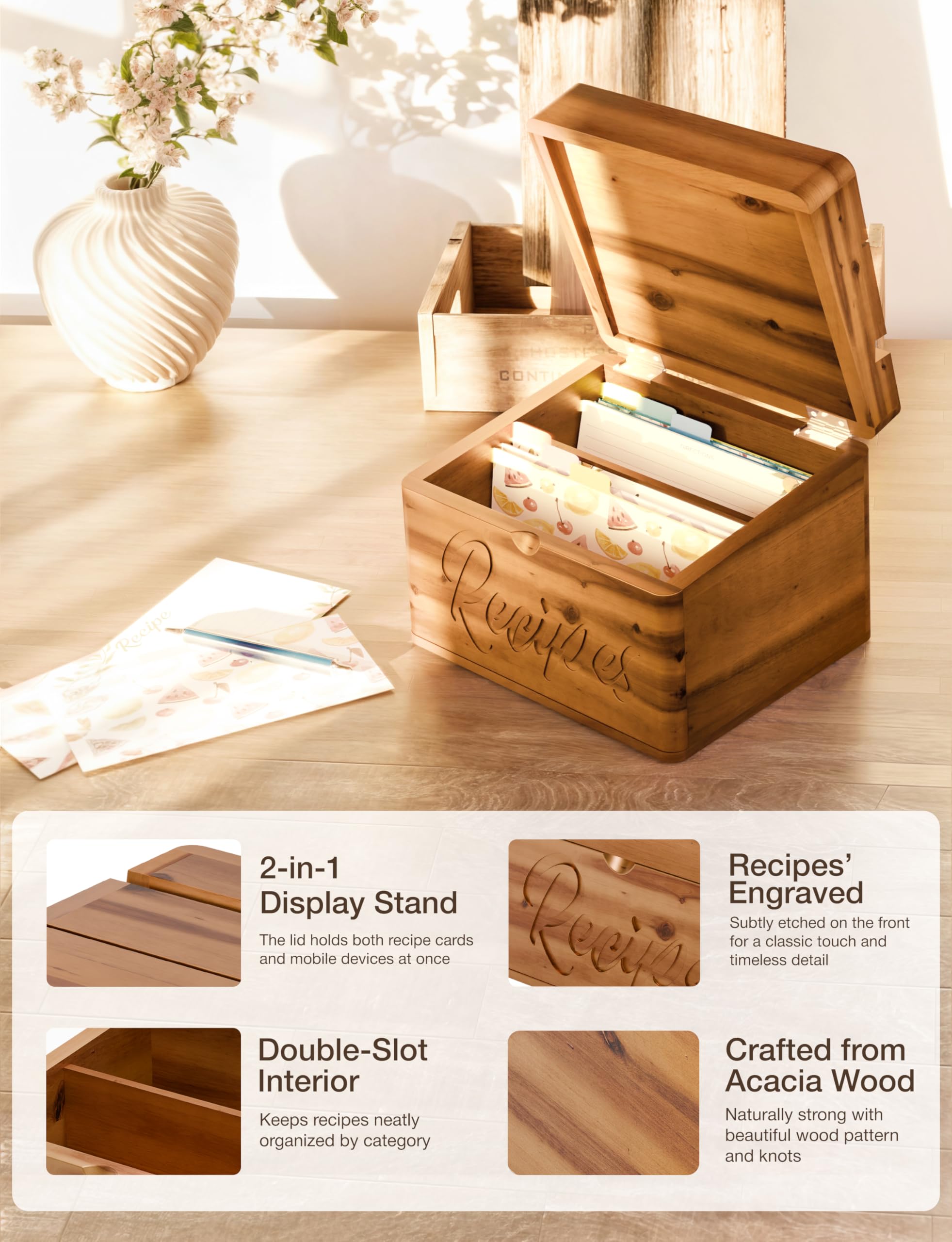 Tidita Acacia Box, interior con ranuras dobles para clasificar tarjetas 4x6 con estilo.
