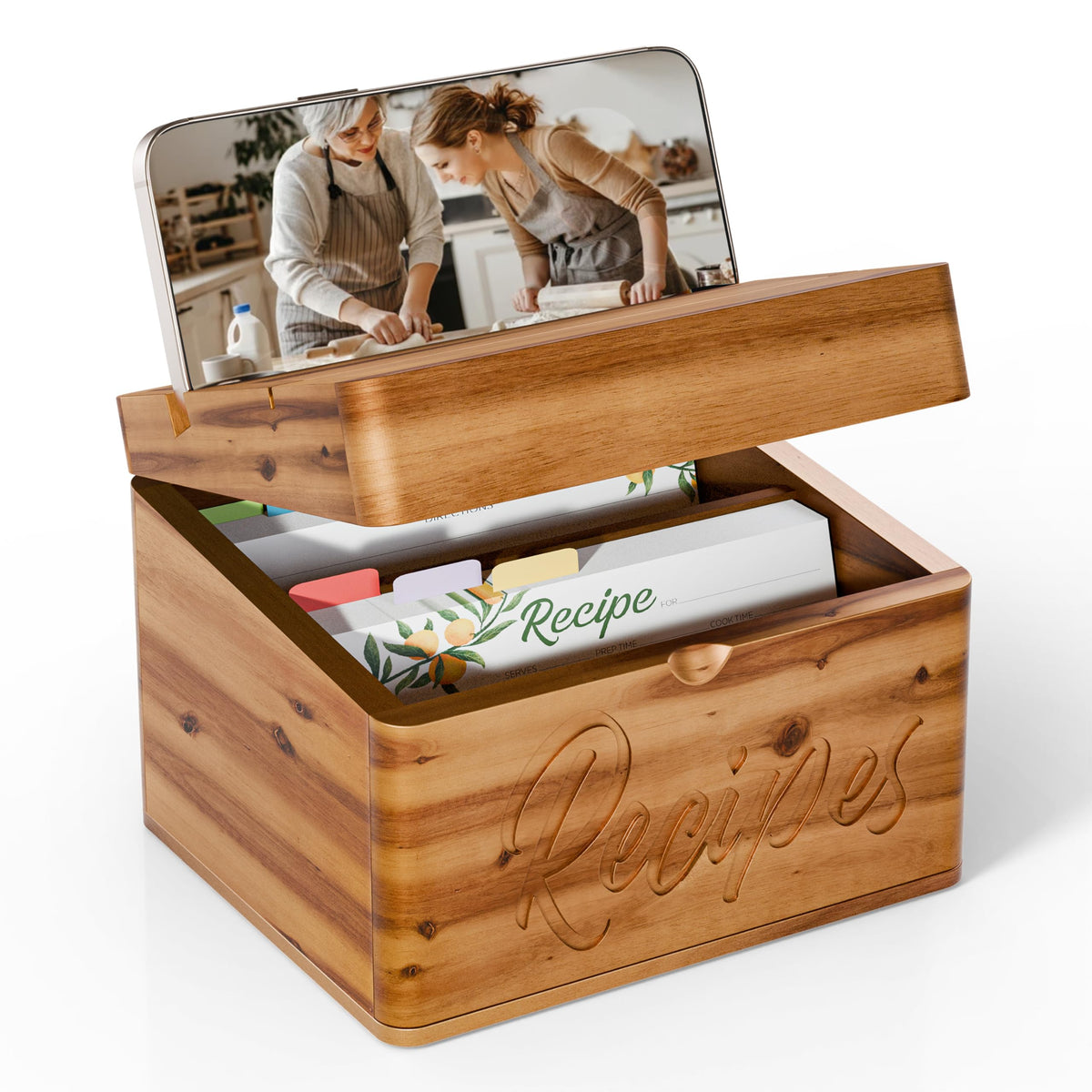 Tidita Acacia Box Recetas, exterior elegante en madera cálida para organizar tus recetas favoritas.