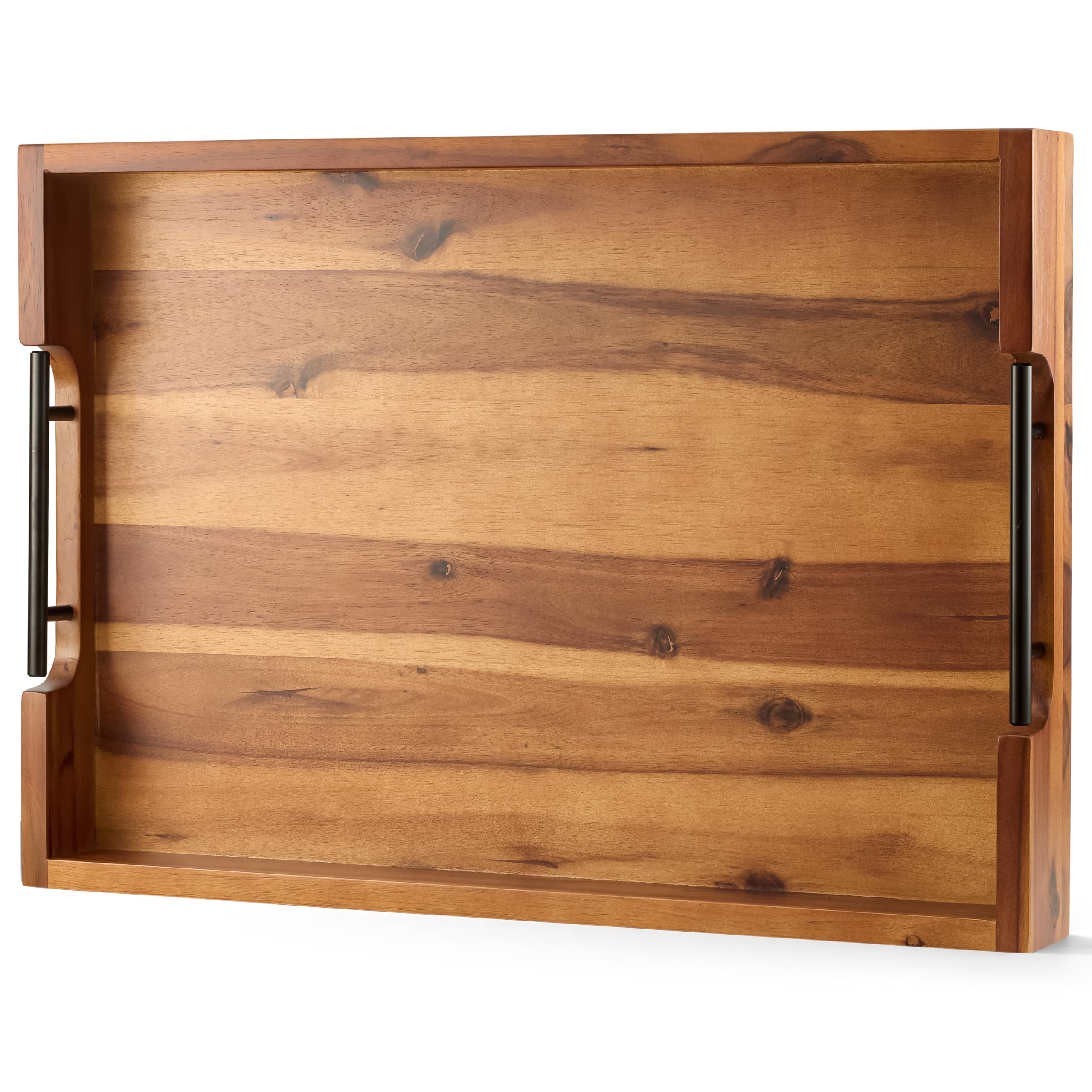 Tidita bandeja para otomán de acacia con acabado natural, ideal para servir bebidas.