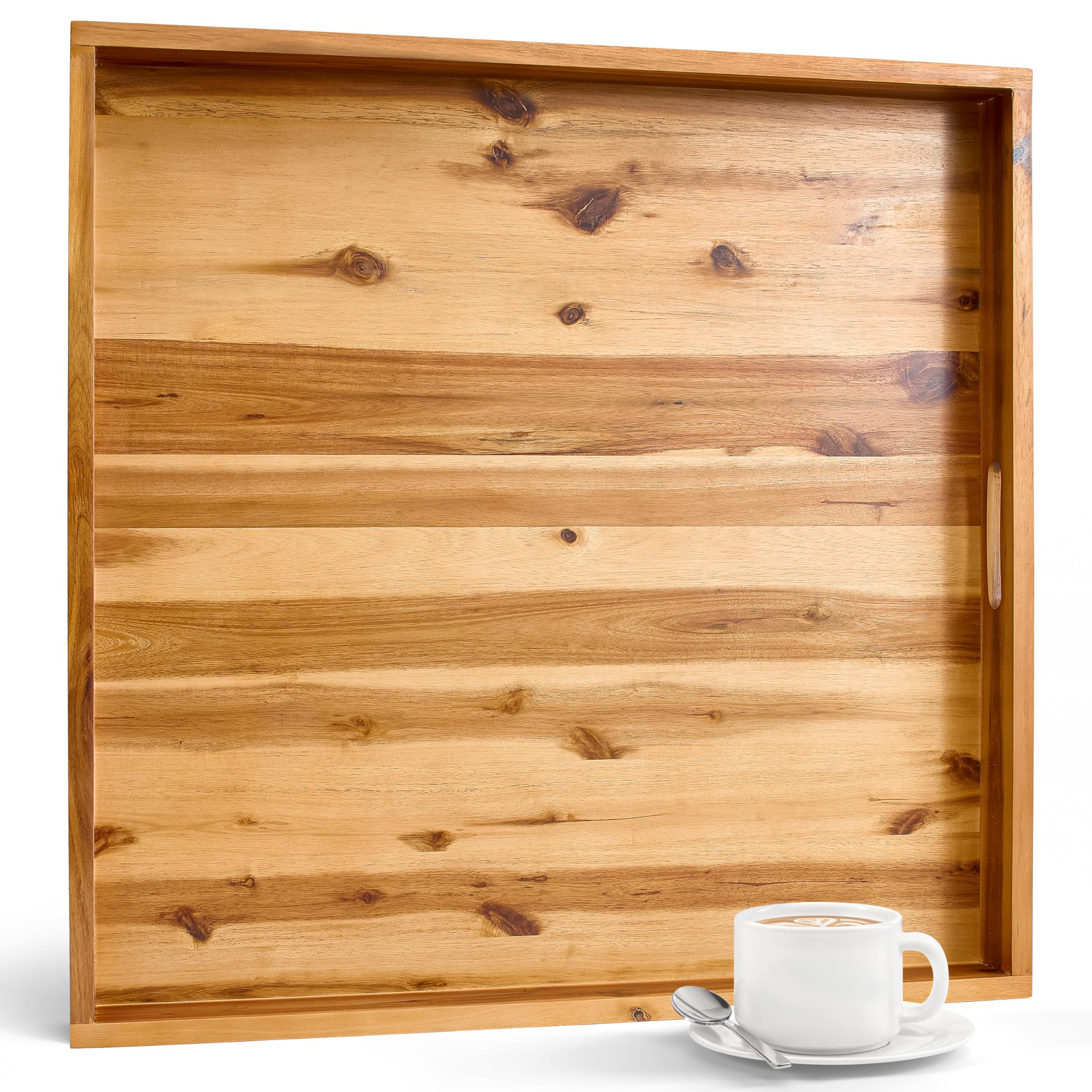 Tidita bandeja otomana de acacia 24 pulgadas con asas para servir desayunos.