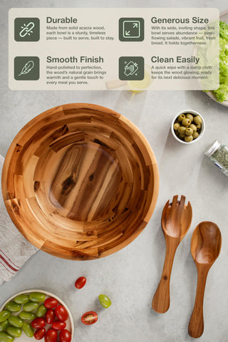 Tidita ensaladera de acacia con textura de grano, diseño duradero para uso diario.