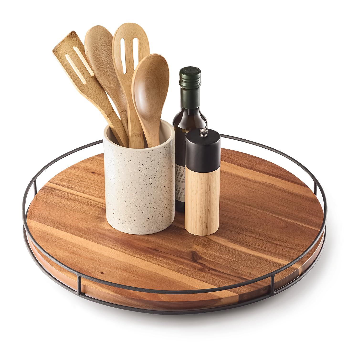 Tidita giratoria de acacia de 18 pulgadas muestra vetas naturales para una mesa elegante.