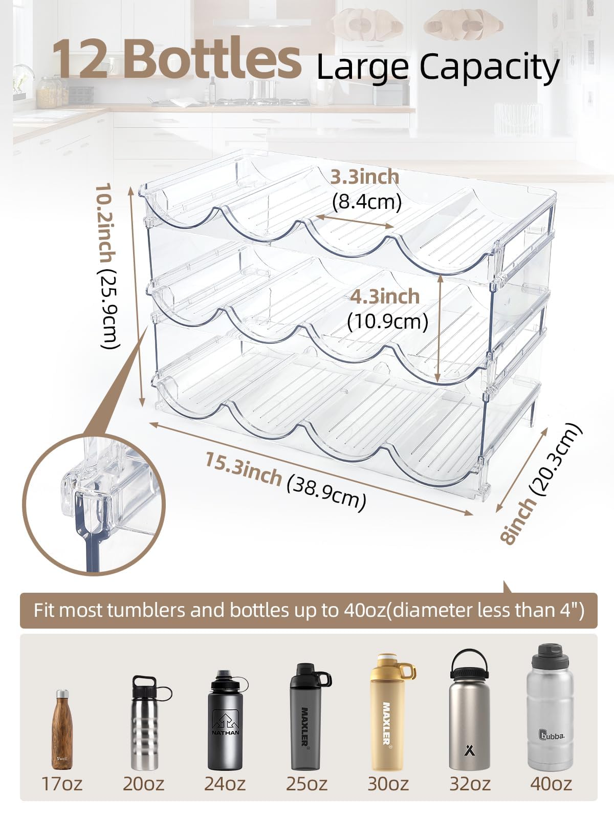 TIDY SAVANT, estante de 3 niveles apilables con compartimentos grandes para botellas.
