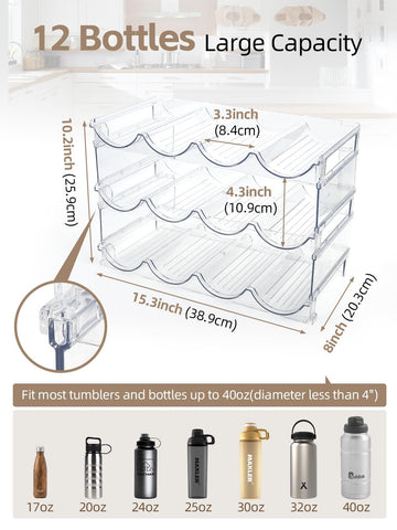 TIDY SAVANT, estante de 3 niveles apilables con compartimentos grandes para botellas.