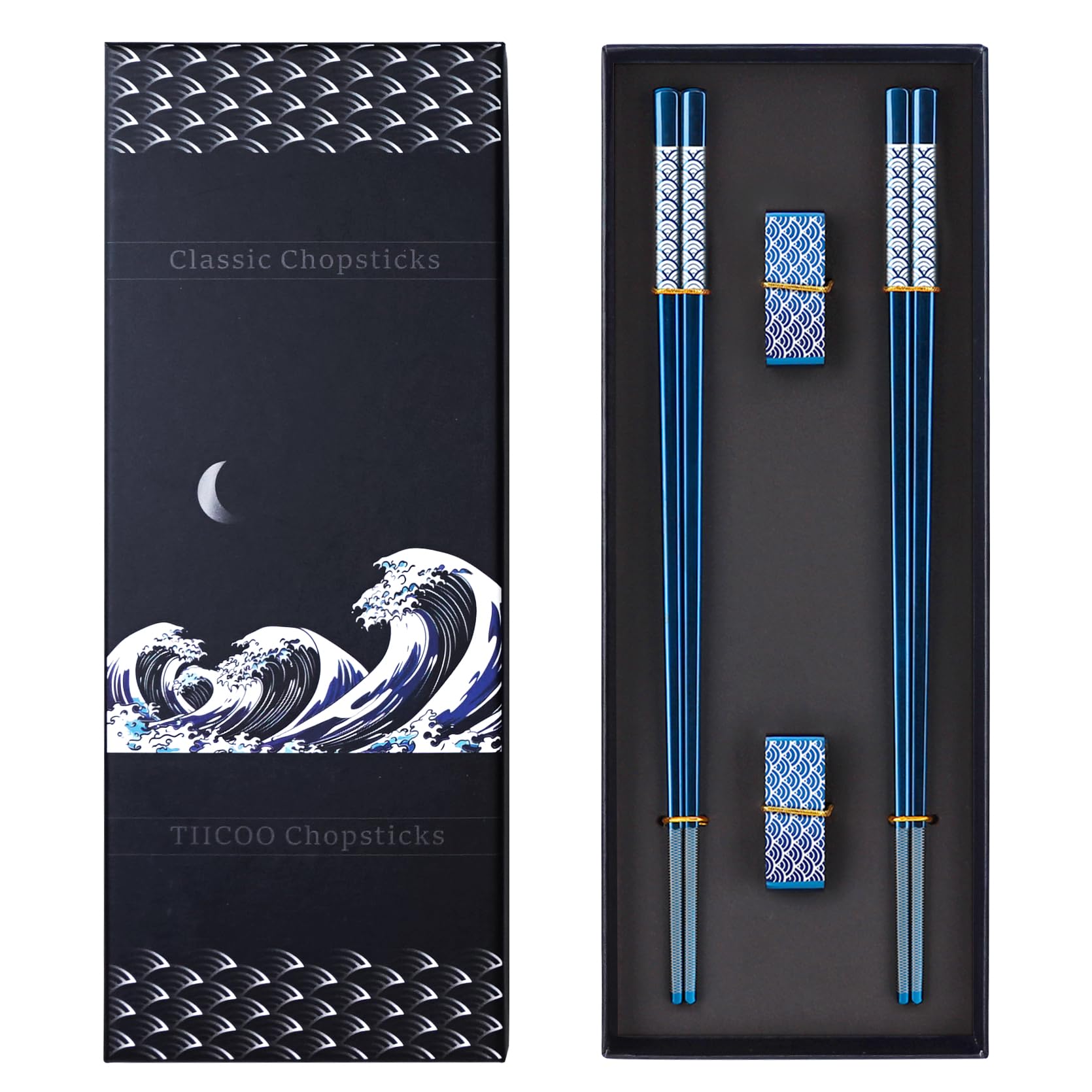 Palillos TIICOO titanio plateados, con acabado azul, para mesa elegante.