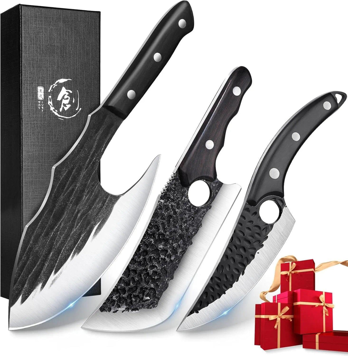 TIJERAS conjunto-cuchillos-carnicero-3piezas en caja regalo, versatilidad de cocina.