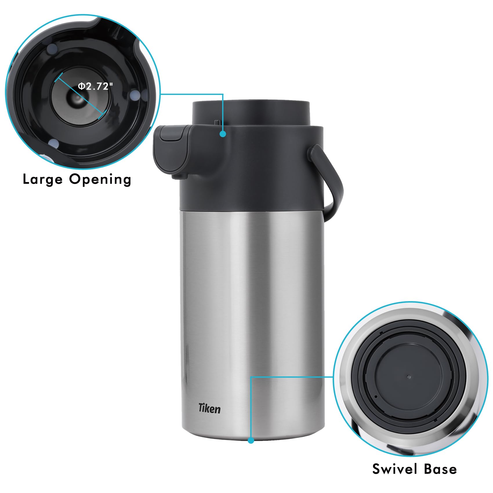 Dispensador de café Tiken evita derrames gracias al sistema de bomba ergonómico.