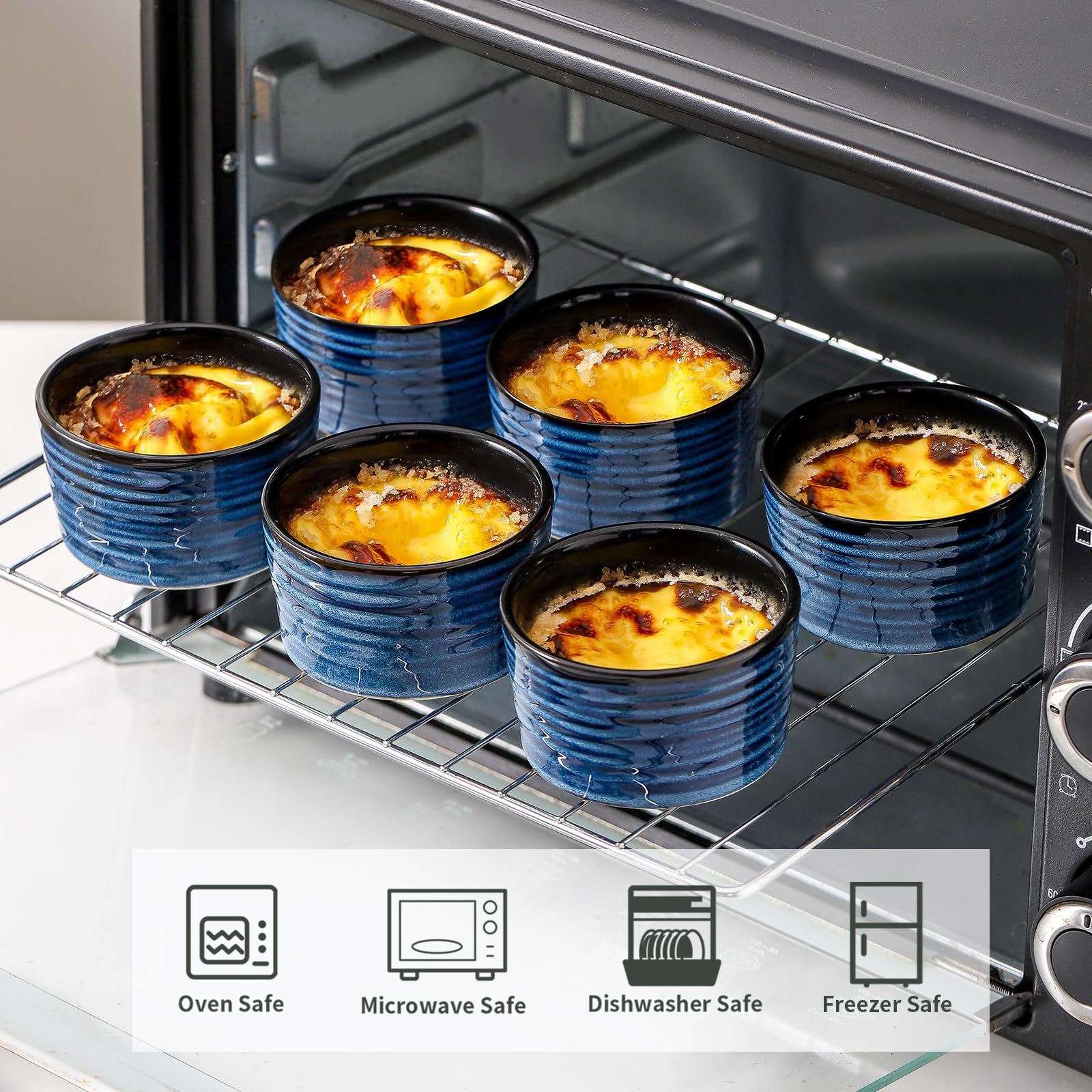 Ramequines para crème brûlée en cerámica, acabado azul elegante.