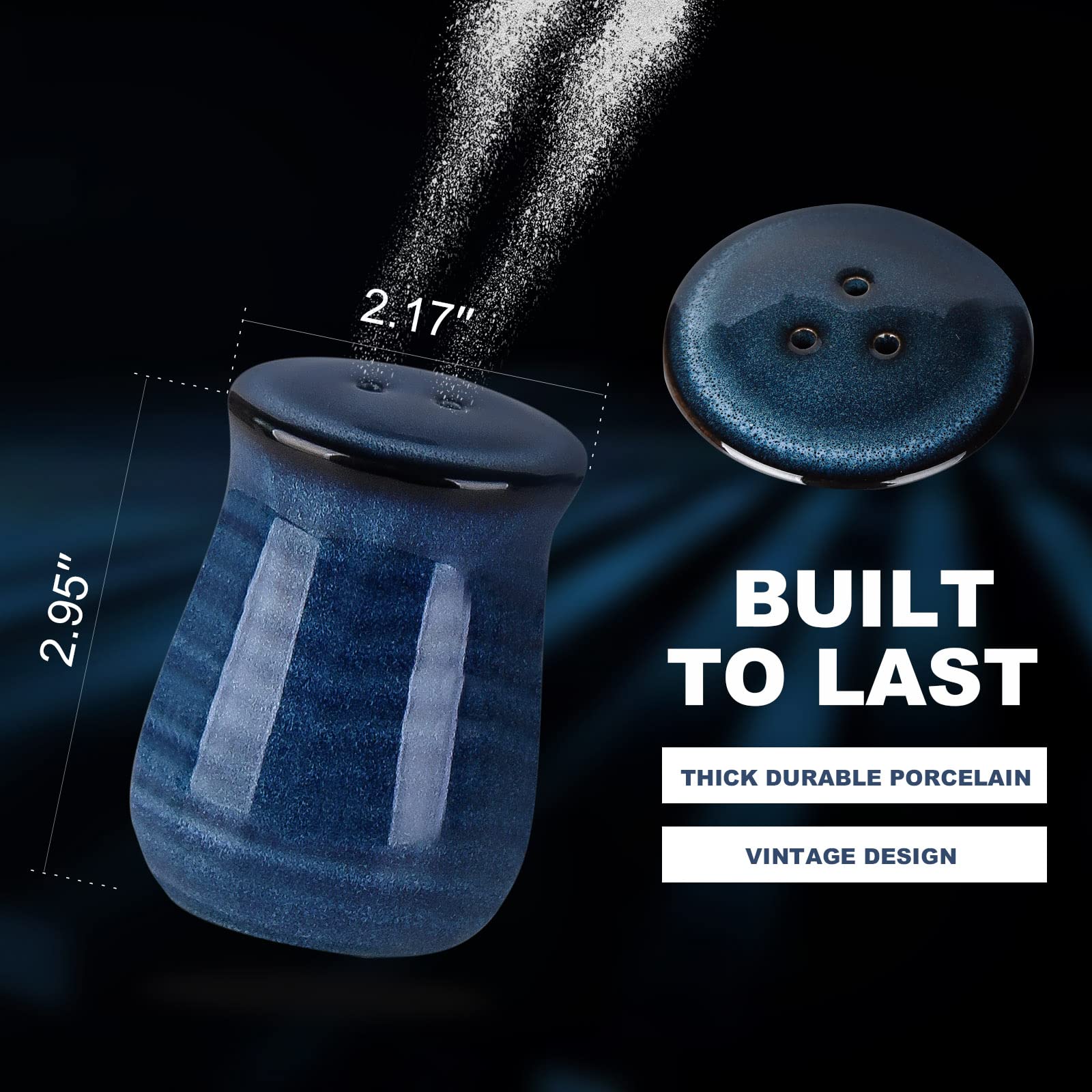 Tikooere Conjunto Salero-Pimienta Cerámico azul antiguo para decoración y uso.