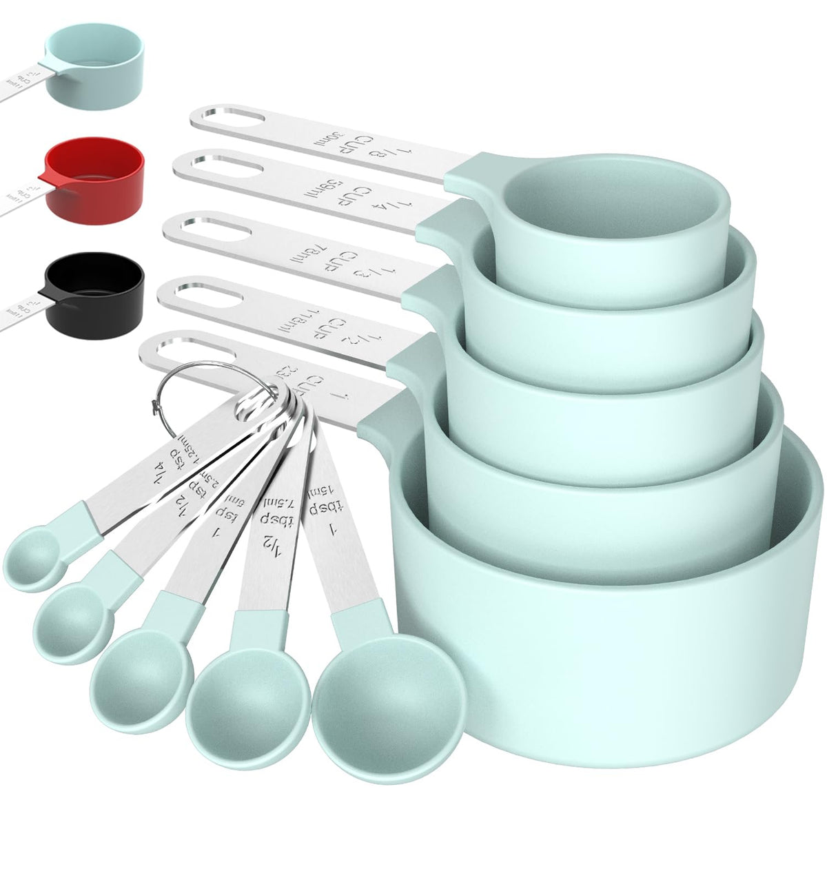 Conjunto TILUCK de tazas y cucharas apilables en verde para cocina organizada.
