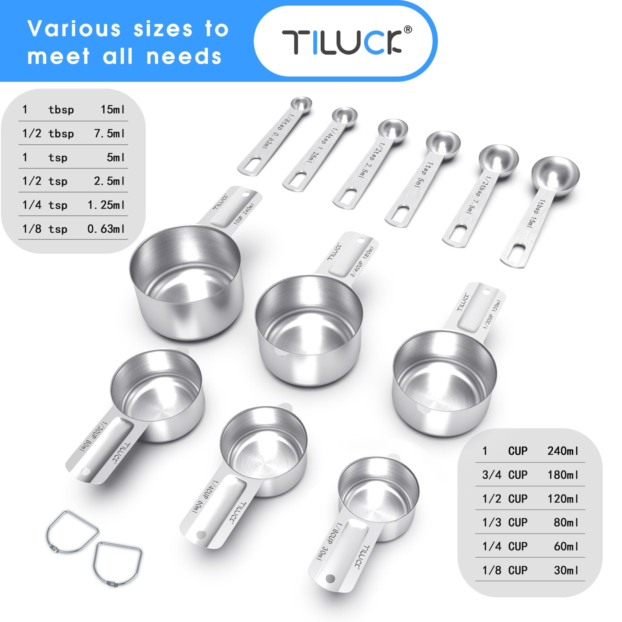 TILUCK cucharas medidoras de acero inoxidable, diseño duradero para usos secos y húmedos.