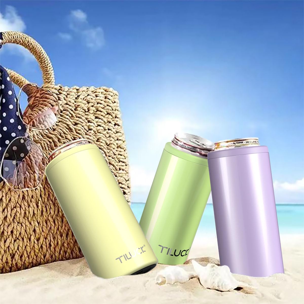 TILUCK enfriador de latas delgadas lavanda, ideal para fiestas y parrillas al aire libre.