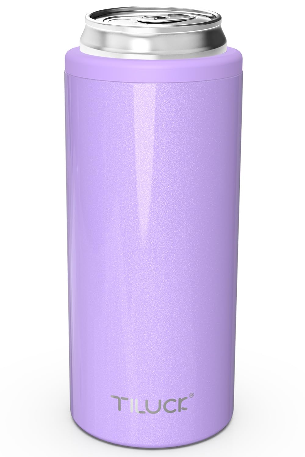 TILUCK enfriador de latas delgadas lavanda, vista frontal que resalta su acabado inoxidable y frescura.