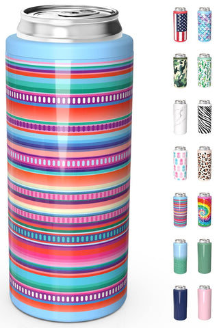 TILUCK Skinny Can Cooler con rayas coloridas para mantener frías las latas slim en reuniones.