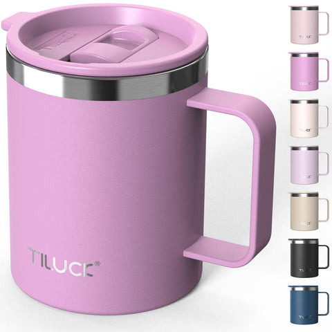 TILUCK taza térmica 12oz con tapa presión, cierre seguro para café caliente.