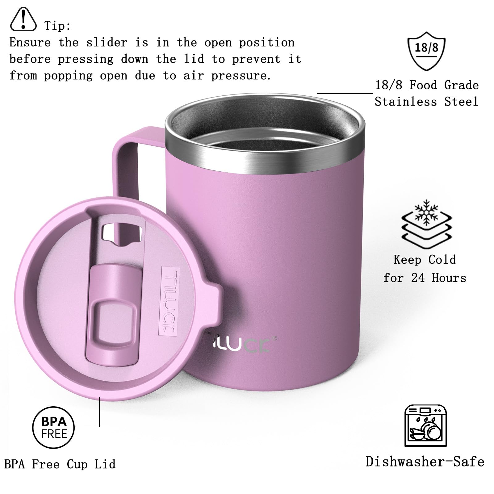 TILUCK taza de viaje en acero inoxidable, 12oz, duradera para uso diario.