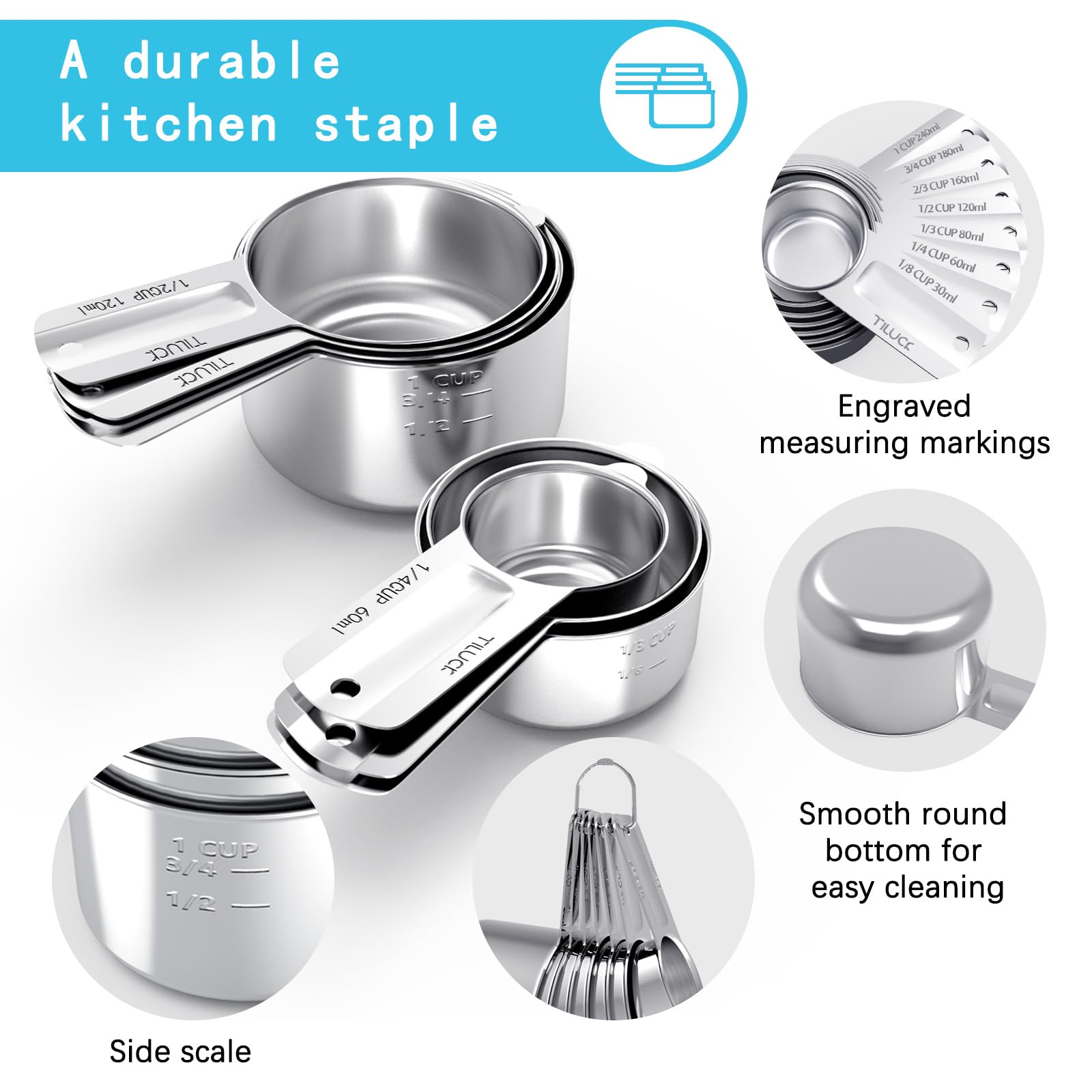 TILUCK tazas de medición apilables en acero inoxidable, ahorro de espacio en la cocina.