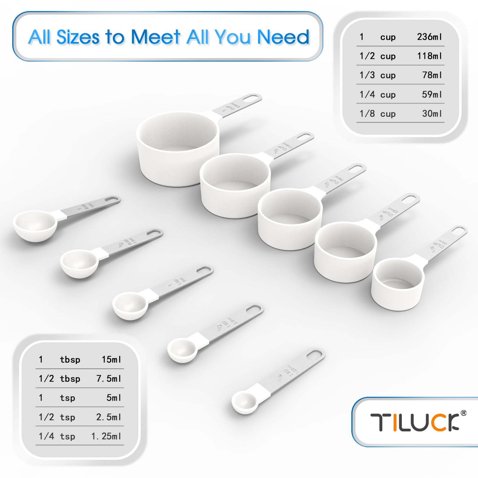 TILUCK tazas medidoras apilables con acabado blanco y mango de acero inoxidable para cocina organizada.