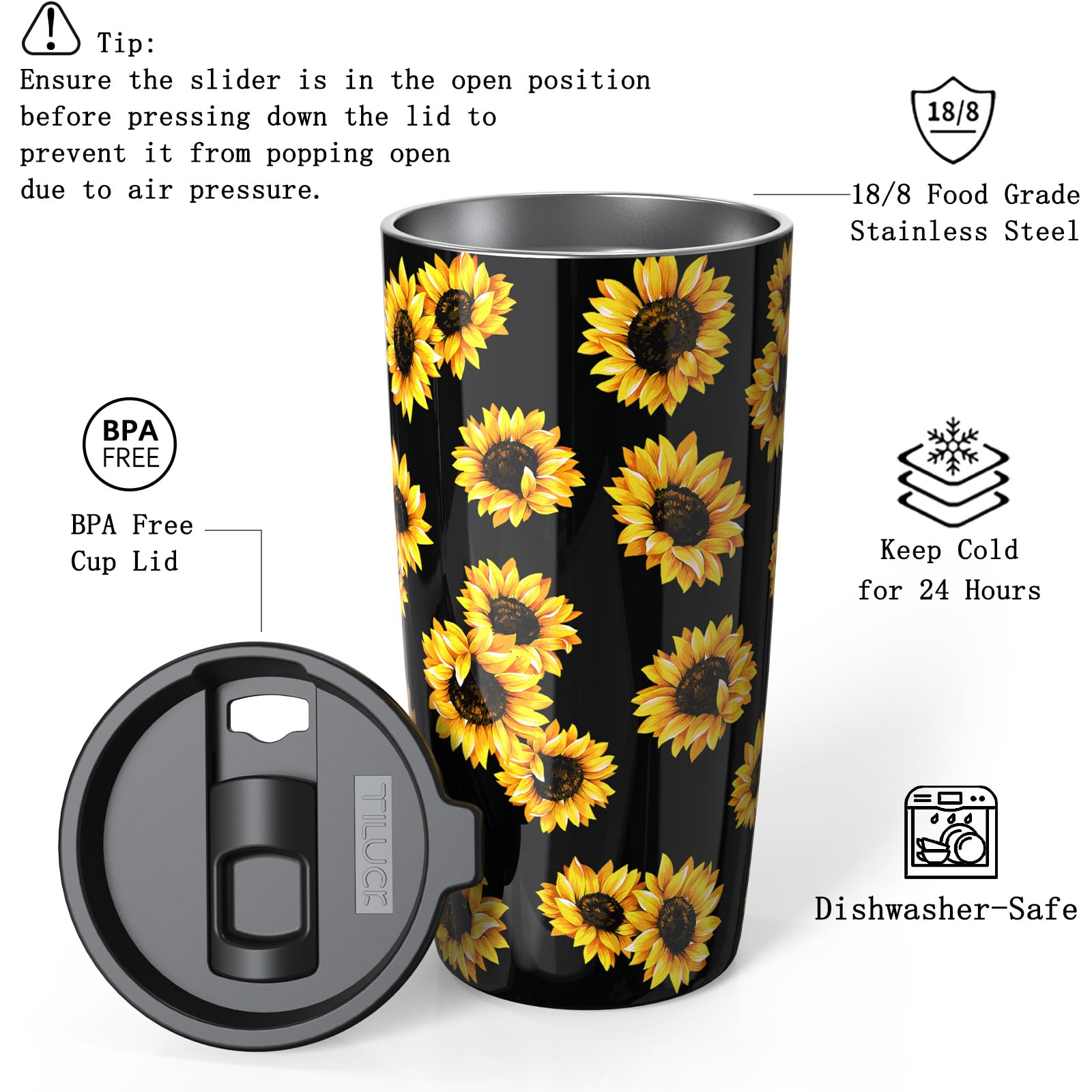 TILUCK tumbler con aislamiento doble pared mantiene bebidas frías o calientes por más tiempo.