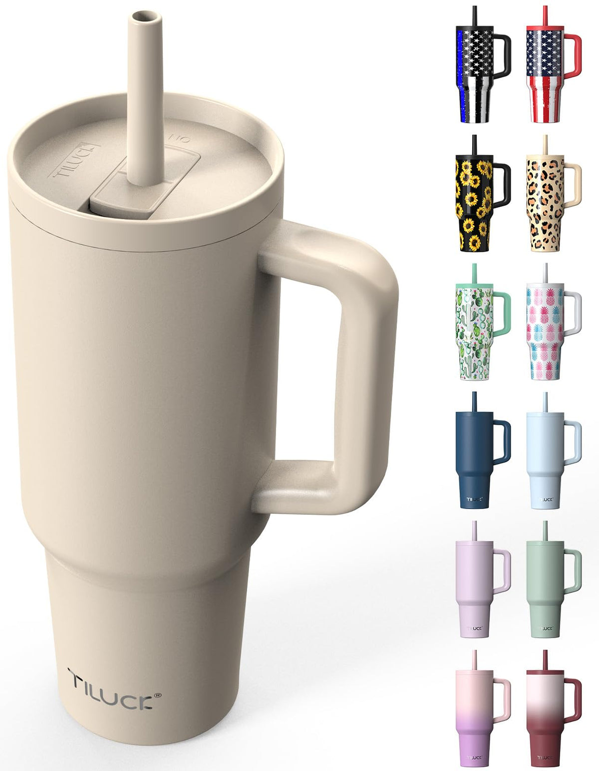 Vaso TILUCK 40 oz con asa, cómodo para llevar durante caminatas.