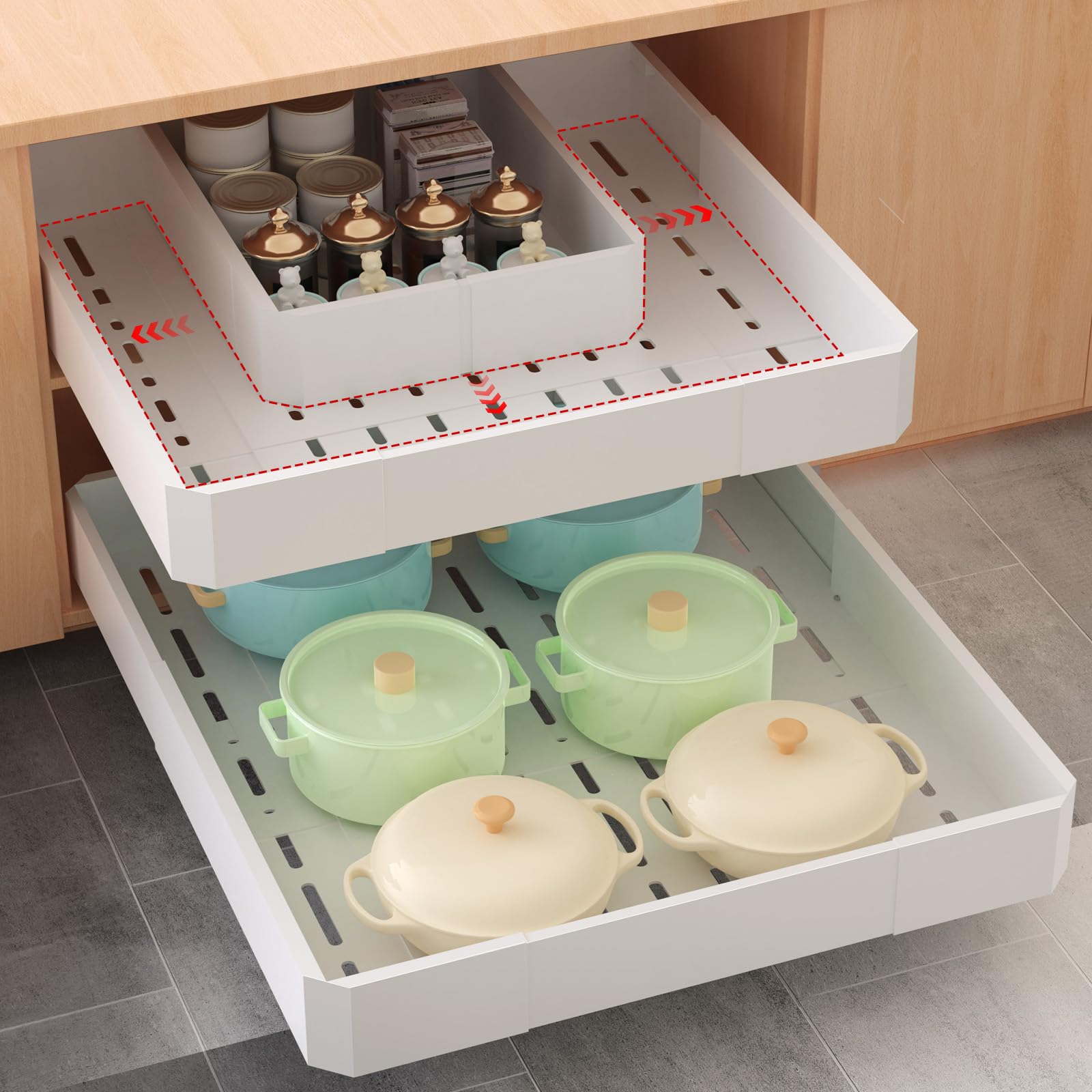 Timboniture organizador de cajón deslizante extendible para acceso rápido a utensilios.