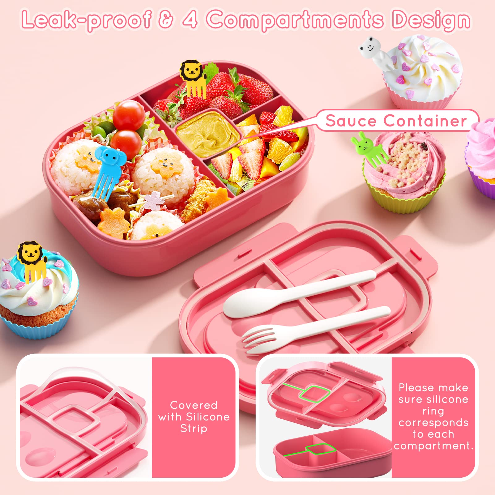 TIME4DEALS caja-almuerzo bento rosa a prueba de fugas para transportar comidas limpias
