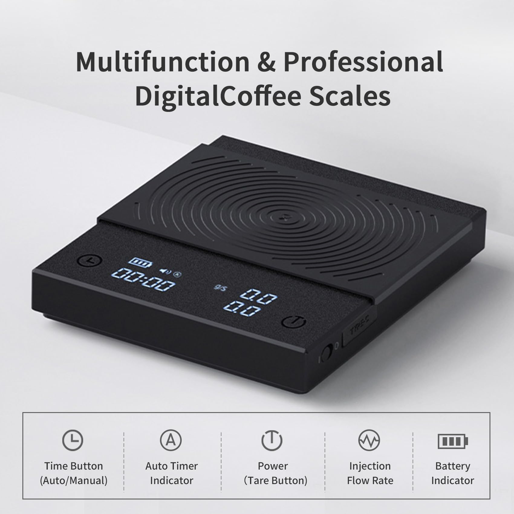 TIMEMORE Báscula 2.0, pantalla LCD iluminada para lecturas claras en la cocina.