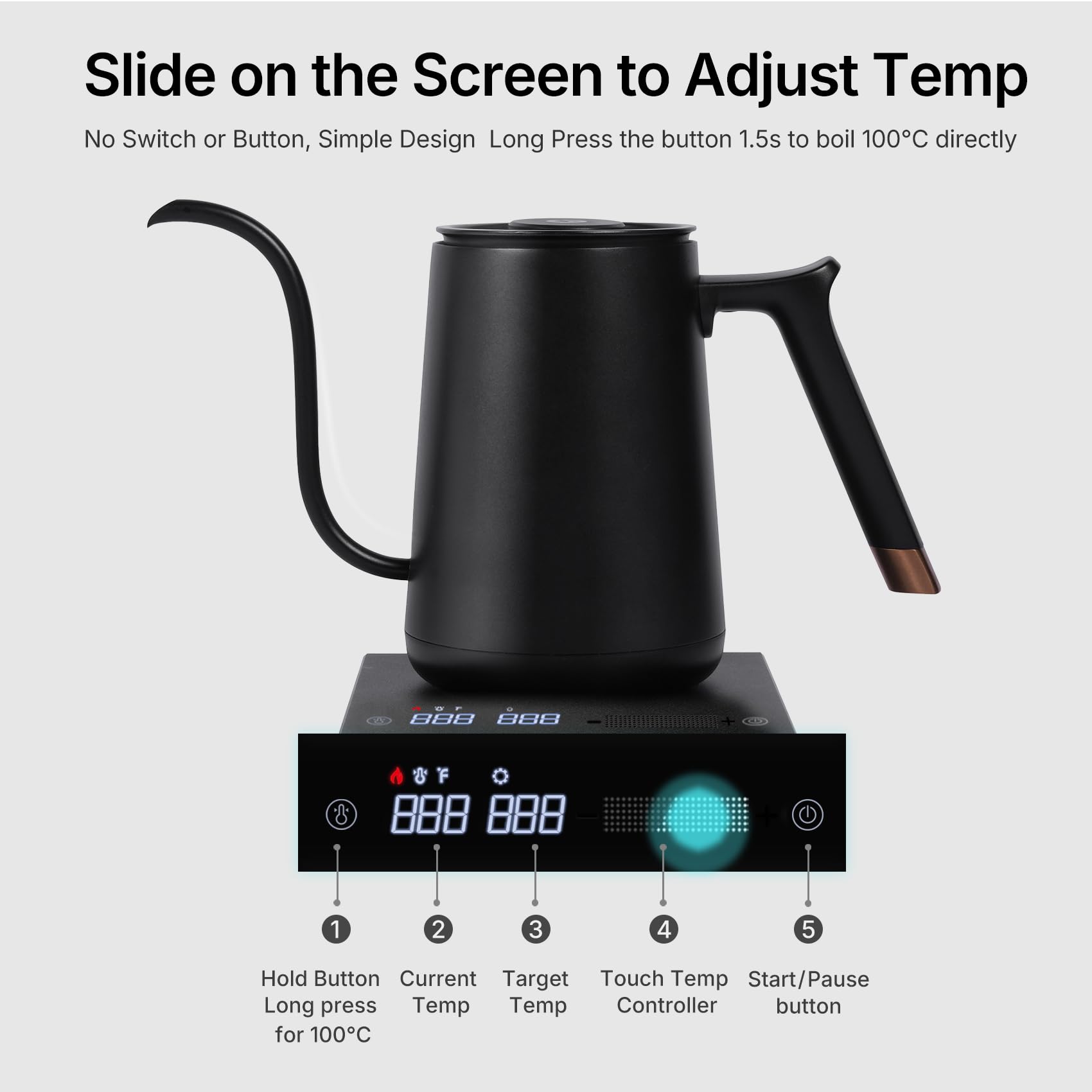 TIMEMORE hervidor cuello de ganso 600 ml – lateral: diseño ergonómico para manejo cómodo.