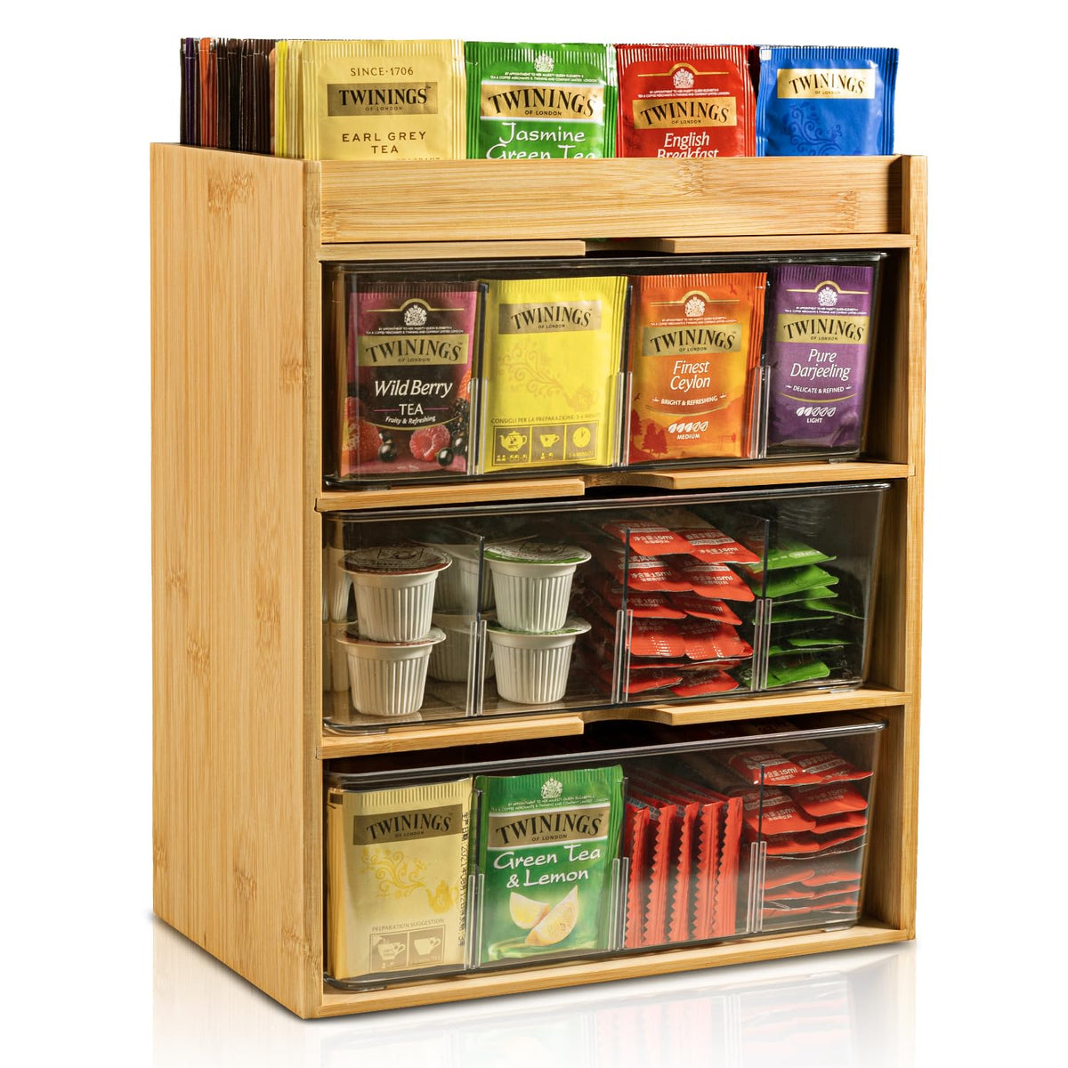 TIMIEEYA Organizador de té con tres cajones en bambú y acrílico para acceso rápido.