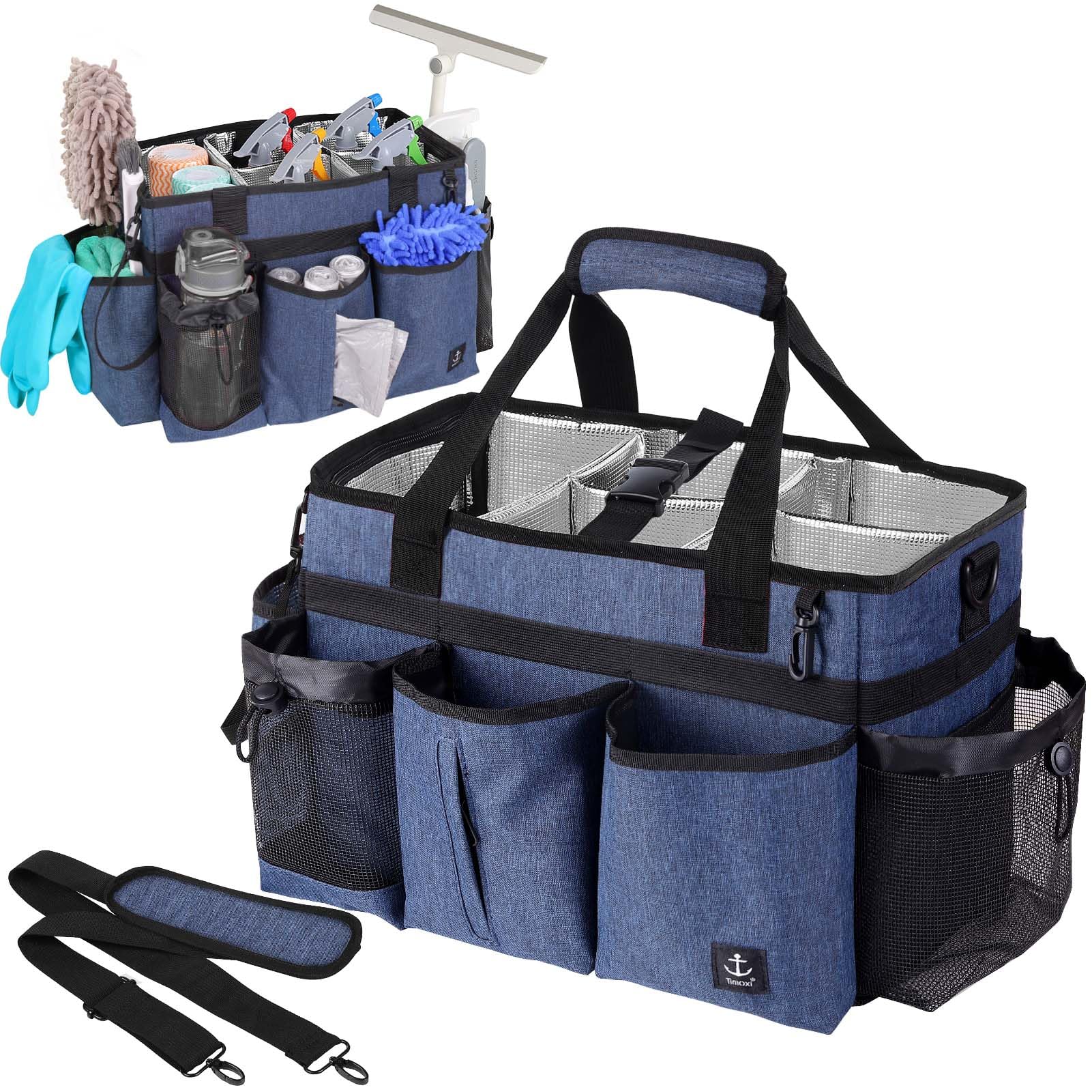 Timoxi bolsa organizadora de limpieza azul, vista general para organización eficiente.