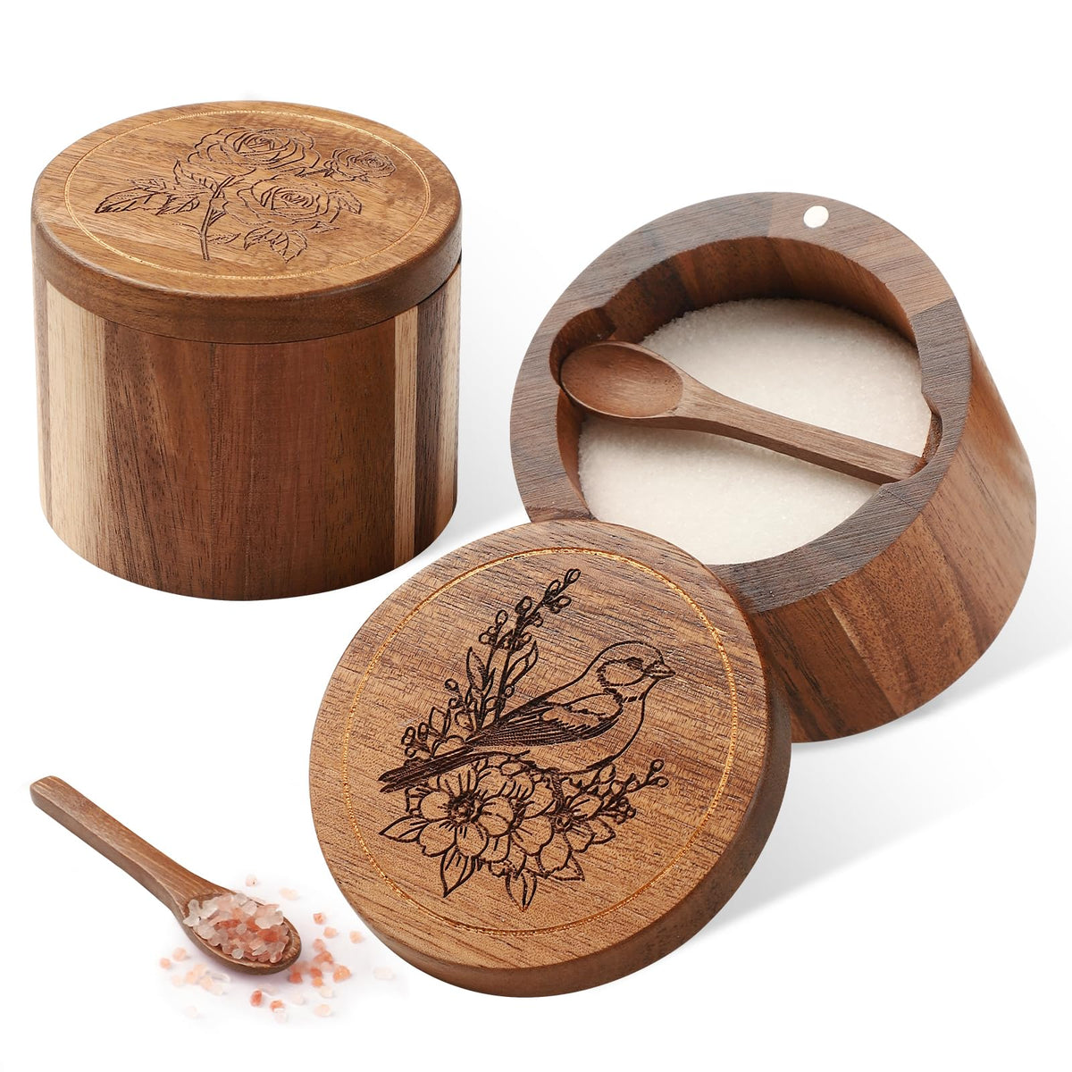 Timtopno salero acacia con grabado Rosa Pájaro, añade elegancia a la encimera.