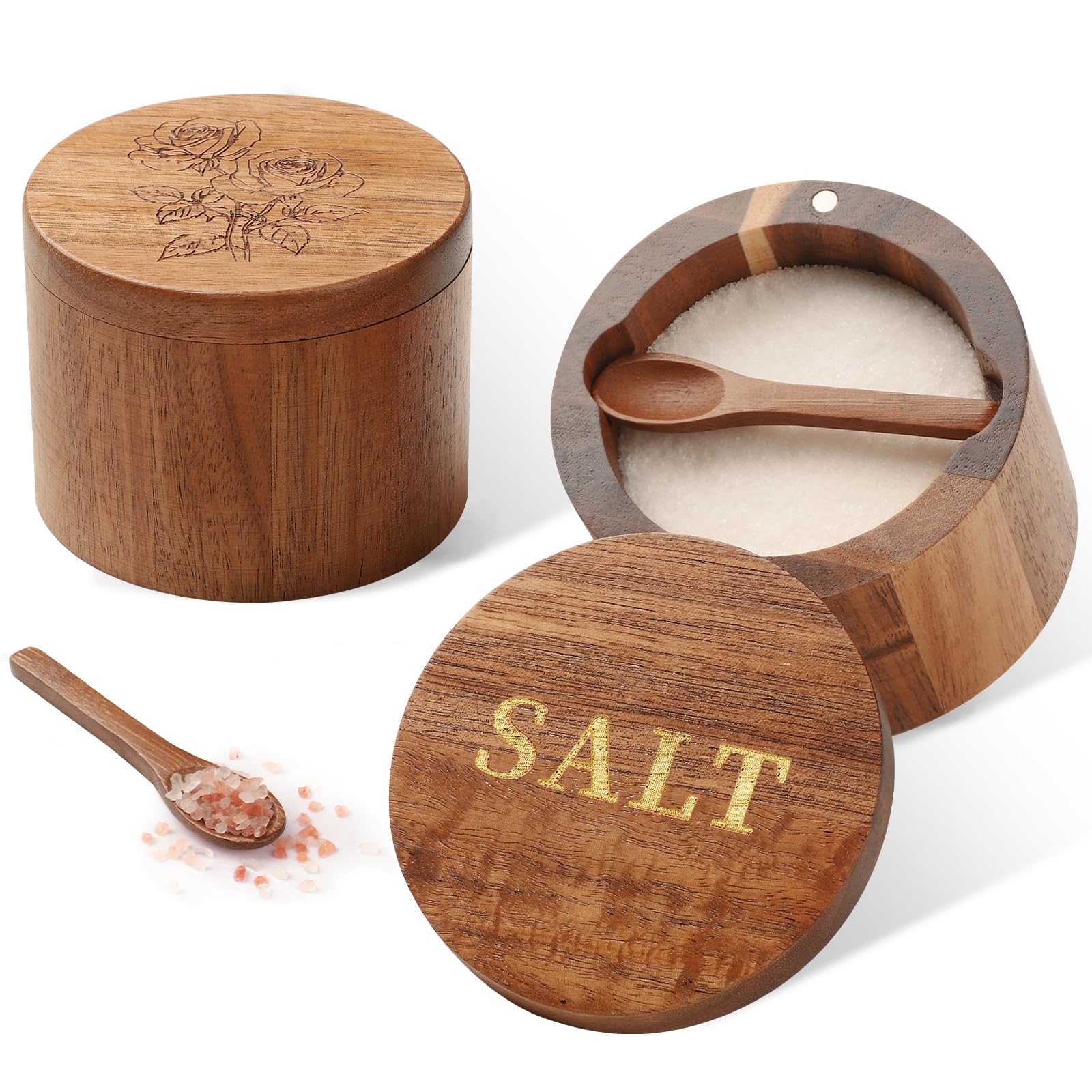 Timtopno salero de acacia con grabado Rose, añade elegancia y funcionalidad a la encimera