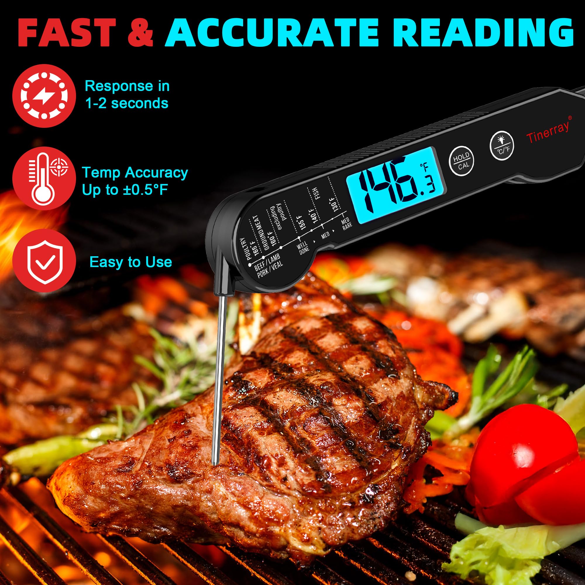 Sonda de acero inoxidable Tinerray, lectura precisa en carnes y bebidas