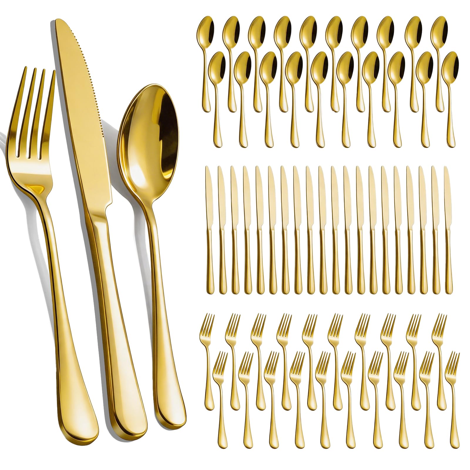 TININA set de cubiertos dorados frontal mostrando elegancia y capacidad para 20 personas