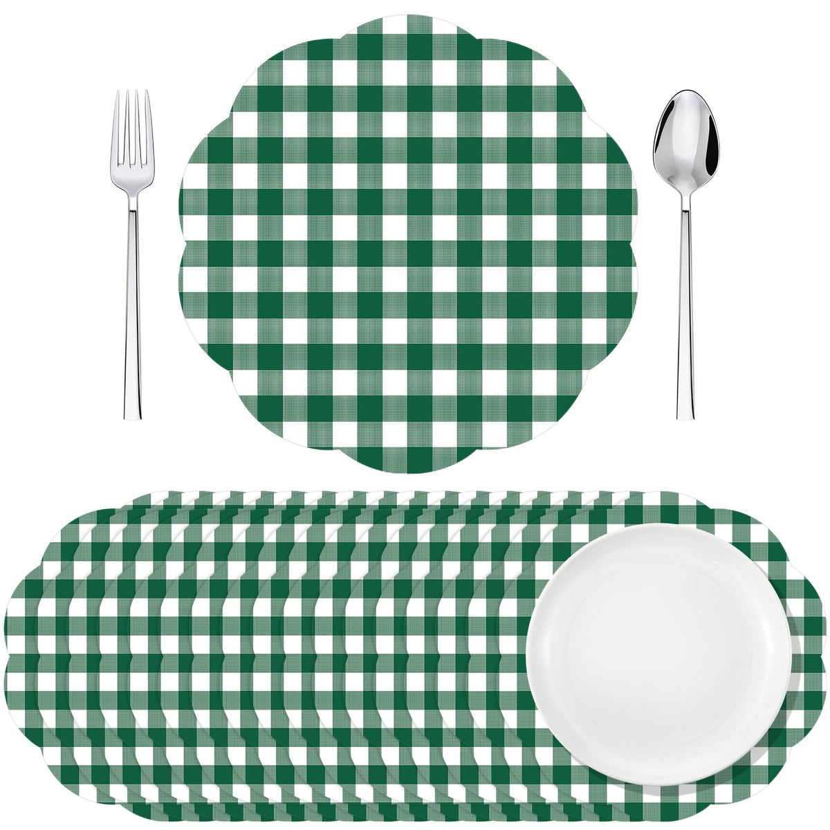 Manteles desechables Tinlade gingham verde 13 pulgadas para comidas limpias y elegantes.