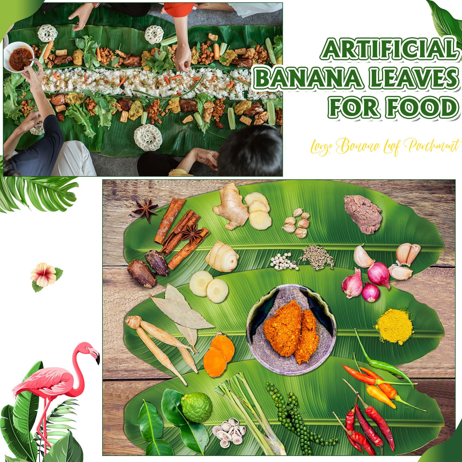 Presentación de alimentos con hojas verdes, añade toque tropical a tus platos.
