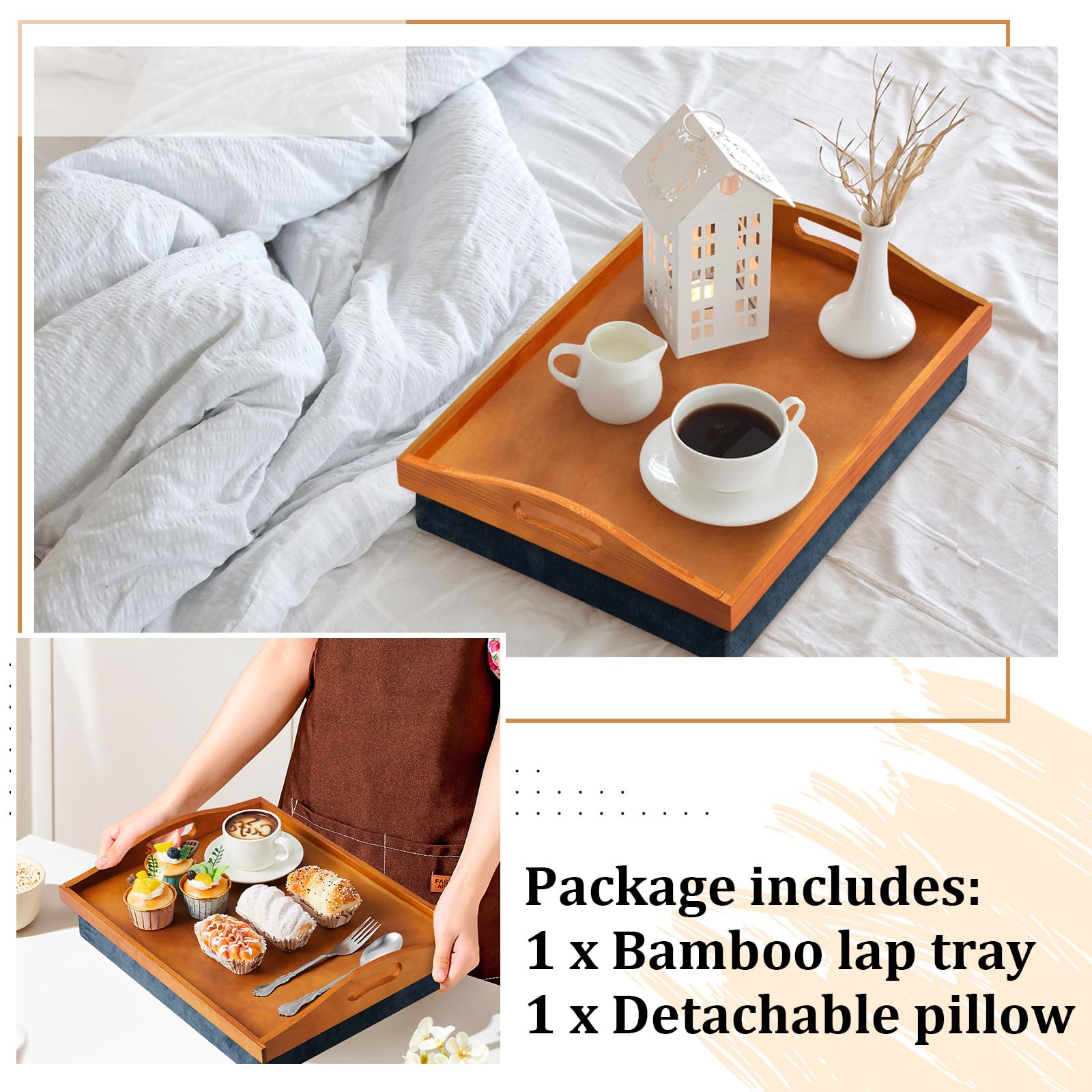 Bandeja Tioncy de bambú para comer en cama con almohada suave
