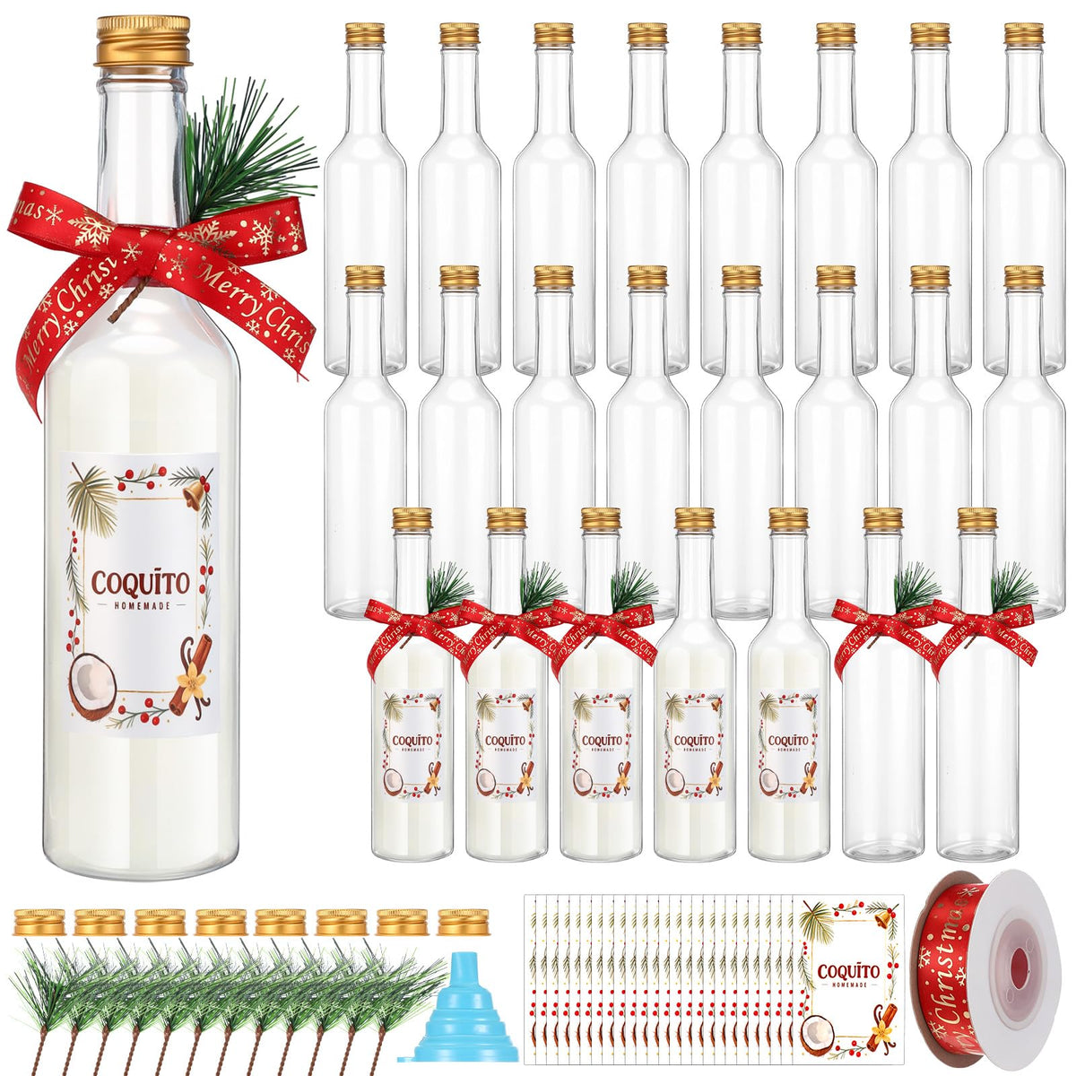 Botellas de plástico Tioncy 16 oz con tapas, ideales para coquito y bebidas caseras.