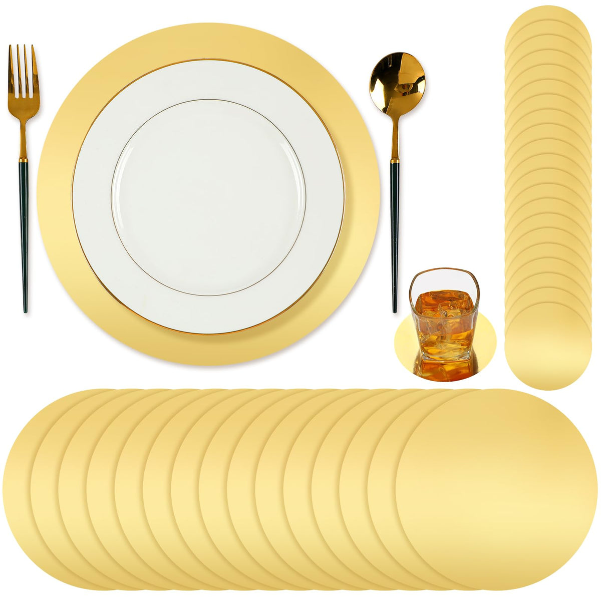 Tioncy manteles dorados redondos de 33 cm para una mesa elegante.