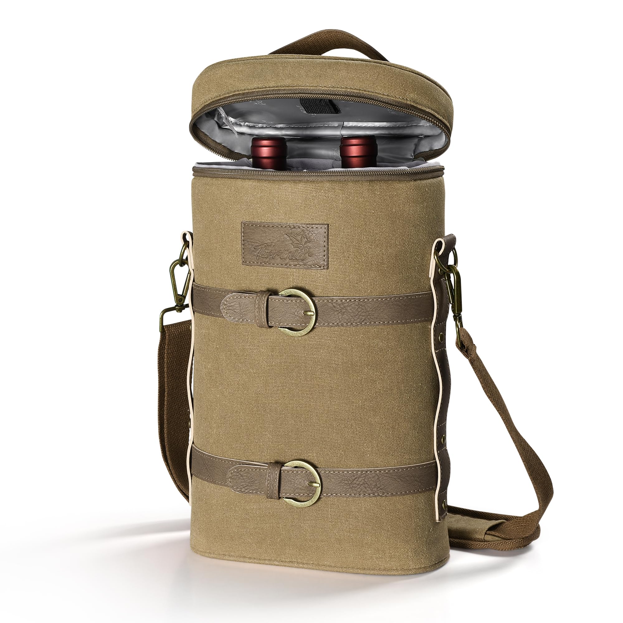 Tirrinia porta vino dos botellas aislada, ideal para viajes y picnics